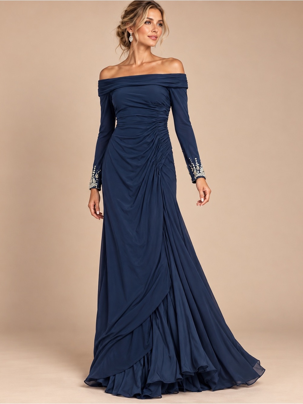 Mac Duggal Navy Off-the-Shoulder Long Sleeve Evening Gown